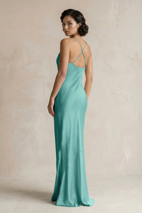 Cami Strap Sheath Satin Bridesmaid Dress in Pale Pistachio - KissProm Bridesmaid Dresses