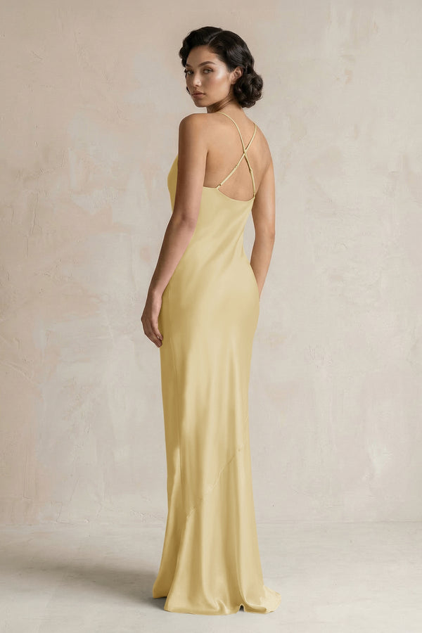 Cami Strap Sheath Satin Bridesmaid Dress in Pastel Yellow - KissProm Bridesmaid Dresses