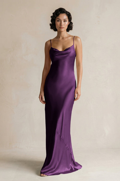 Cami Strap Sheath Satin Bridesmaid Dress in Plum - KissProm Bridesmaid Dresses