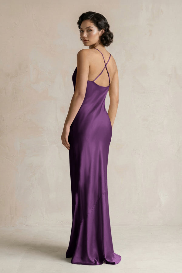Cami Strap Sheath Satin Bridesmaid Dress in Plum - KissProm Bridesmaid Dresses
