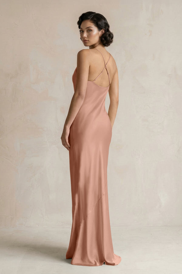 Cami Strap Sheath Satin Bridesmaid Dress in Rosette - KissProm Bridesmaid Dresses