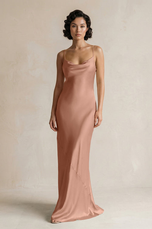 Cami Strap Sheath Satin Bridesmaid Dress in Rosette - KissProm Bridesmaid Dresses