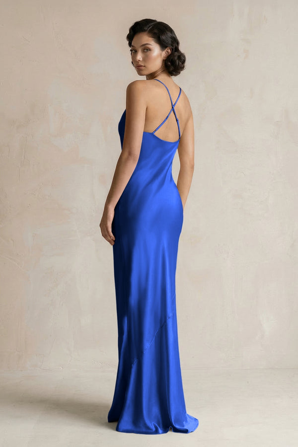 Cami Strap Sheath Satin Bridesmaid Dress in Royal Blue - KissProm Bridesmaid Dresses