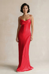 Cami Strap Sheath Satin Bridesmaid Dress in Ruby Red - KissProm Bridesmaid Dresses