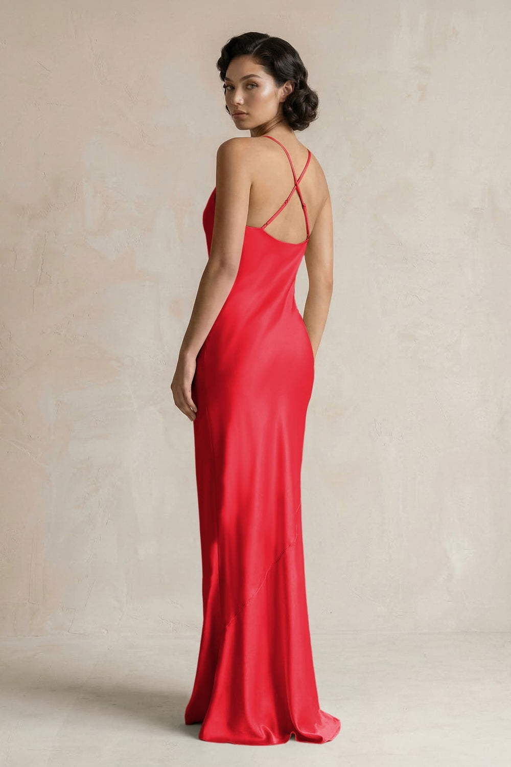 Cami Strap Sheath Satin Bridesmaid Dress in Ruby Red - KissProm Bridesmaid Dresses