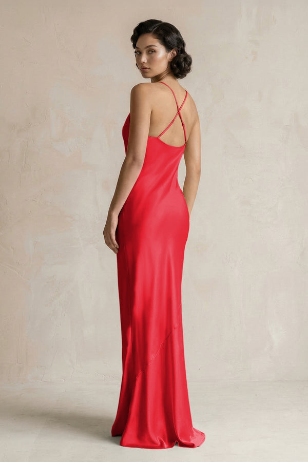 Cami Strap Sheath Satin Bridesmaid Dress in Ruby Red - KissProm Bridesmaid Dresses