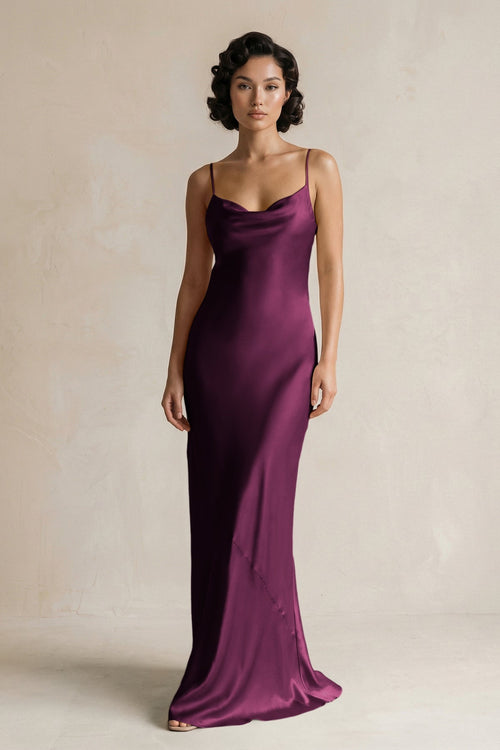 Cami Strap Sheath Satin Bridesmaid Dress in Sangria - KissProm Bridesmaid Dresses