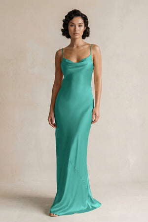 Cami Strap Sheath Satin Bridesmaid Dress in Sea Glass - KissProm Bridesmaid Dresses