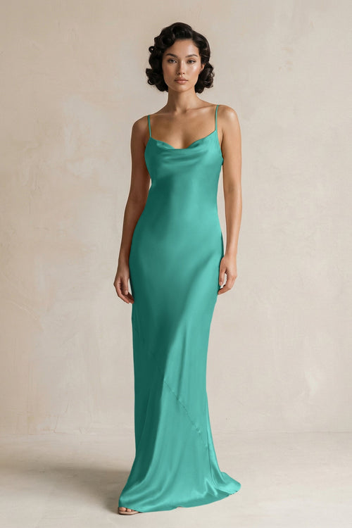 Cami Strap Sheath Satin Bridesmaid Dress in Sea Glass - KissProm Bridesmaid Dresses