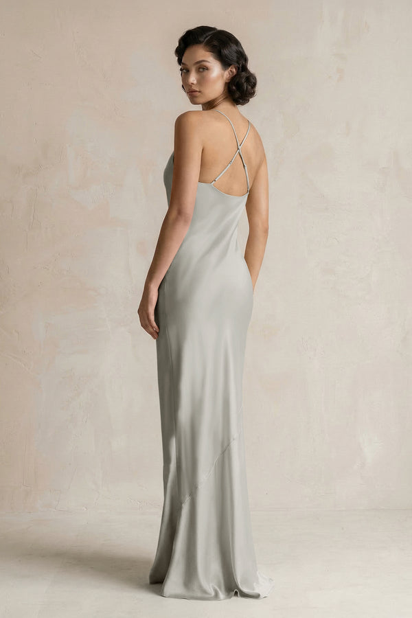Cami Strap Sheath Satin Bridesmaid Dress in Silver - KissProm Bridesmaid Dresses