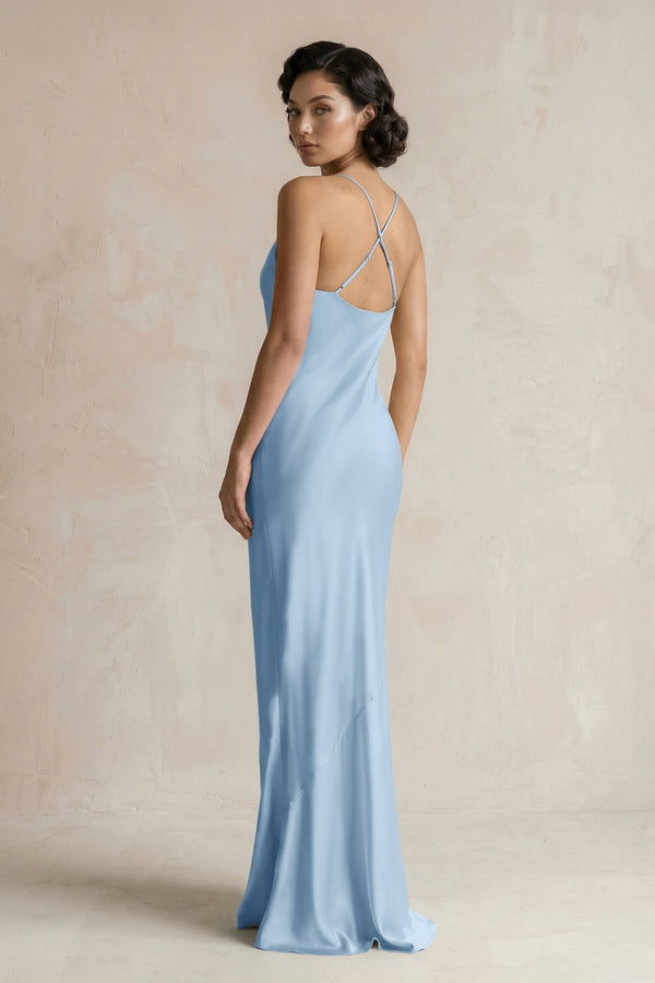 Cami Strap Sheath Satin Bridesmaid Dress in Sky Blue - KissProm Bridesmaid Dresses