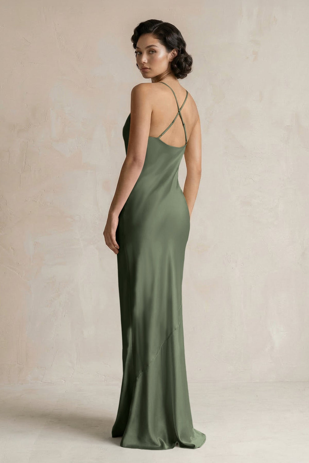 Cami Strap Sheath Satin Bridesmaid Dress in Thyme - KissProm Bridesmaid Dresses