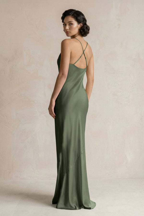 Cami Strap Sheath Satin Bridesmaid Dress in Thyme - KissProm Bridesmaid Dresses