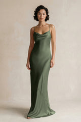 Cami Strap Sheath Satin Bridesmaid Dress in Thyme - KissProm Bridesmaid Dresses