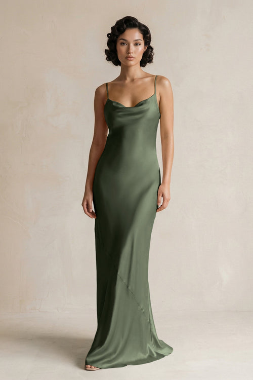 Cami Strap Sheath Satin Bridesmaid Dress in Thyme - KissProm Bridesmaid Dresses