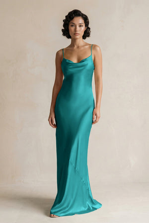 Cami Strap Sheath Satin Bridesmaid Dress in Turquoise - KissProm Bridesmaid Dresses