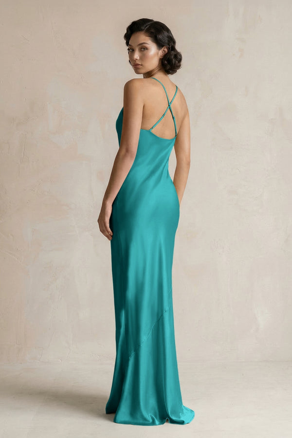 Cami Strap Sheath Satin Bridesmaid Dress in Turquoise - KissProm Bridesmaid Dresses
