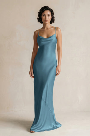 Cami Strap Sheath Satin Bridesmaid Dress in Twilight - KissProm Bridesmaid Dresses