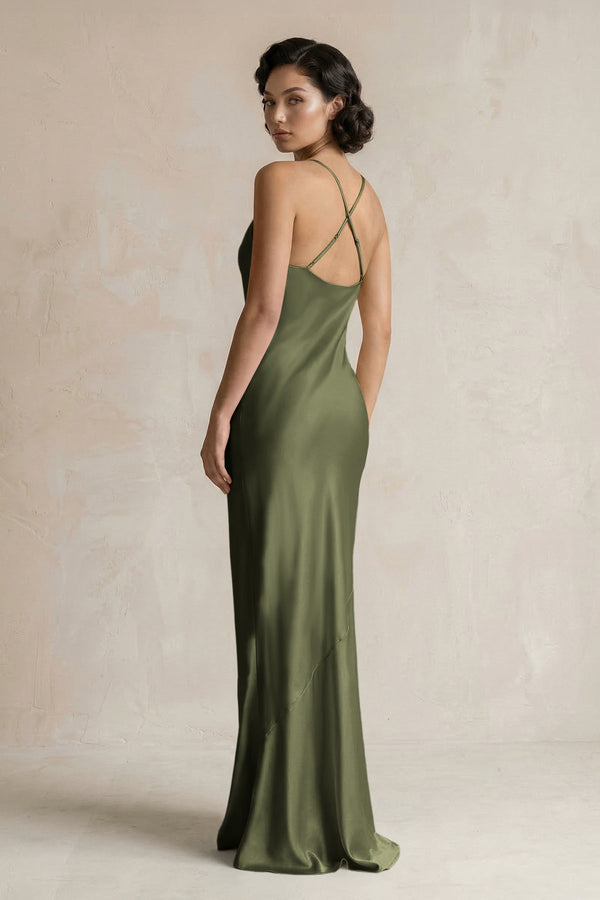 Cami Strap Sheath Satin Bridesmaid Dress in Willow Green - KissProm Bridesmaid Dresses