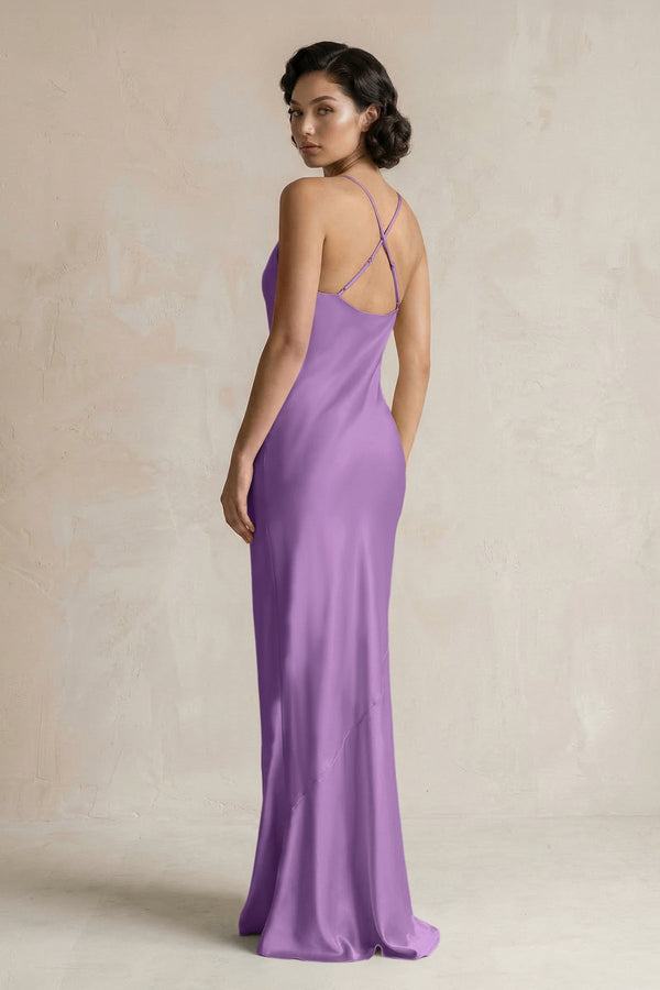 Cami Strap Sheath Satin Bridesmaid Dress in Wisteria - KissProm Bridesmaid Dresses