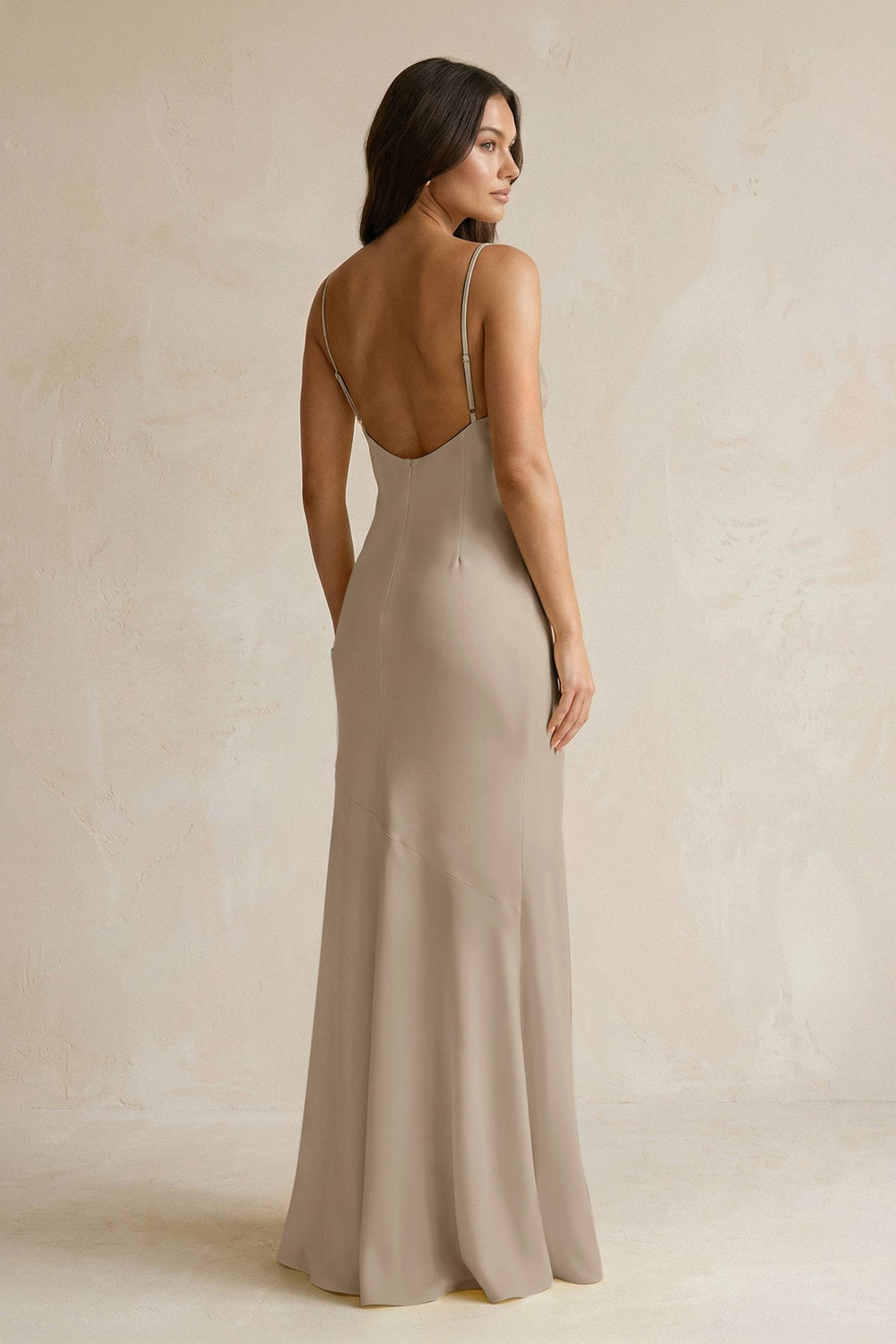 Cami Strap Sheath Satin Bridesmaid Dress With Slit in Almond - KissProm Bridesmaid Dresses
