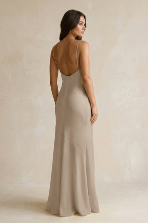 Cami Strap Sheath Satin Bridesmaid Dress With Slit in Almond - KissProm Bridesmaid Dresses
