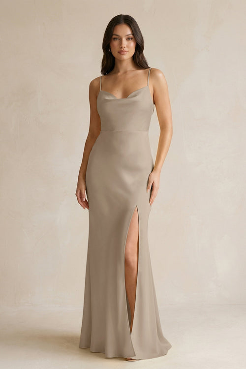 Cami Strap Sheath Satin Bridesmaid Dress With Slit in Almond - KissProm Bridesmaid Dresses