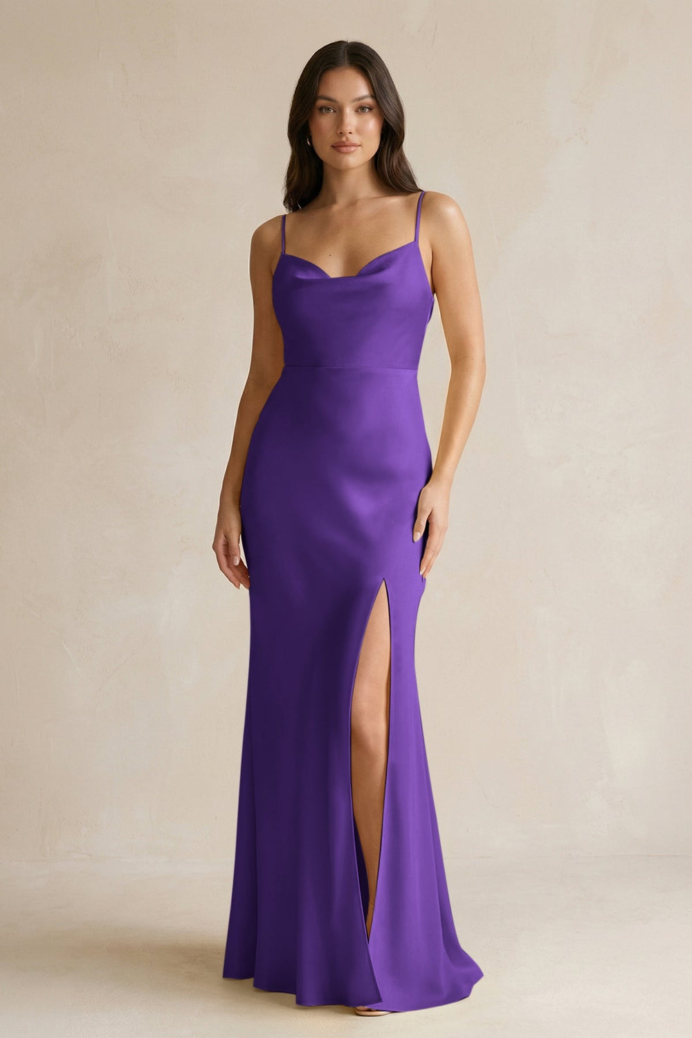 Cami Strap Sheath Satin Bridesmaid Dress With Slit in Amethyst - KissProm Bridesmaid Dresses