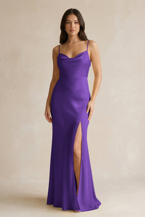 Cami Strap Sheath Satin Bridesmaid Dress With Slit in Amethyst - KissProm Bridesmaid Dresses