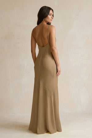 Cami Strap Sheath Satin Bridesmaid Dress With Slit in Apple Cinnamon - KissProm Bridesmaid Dresses
