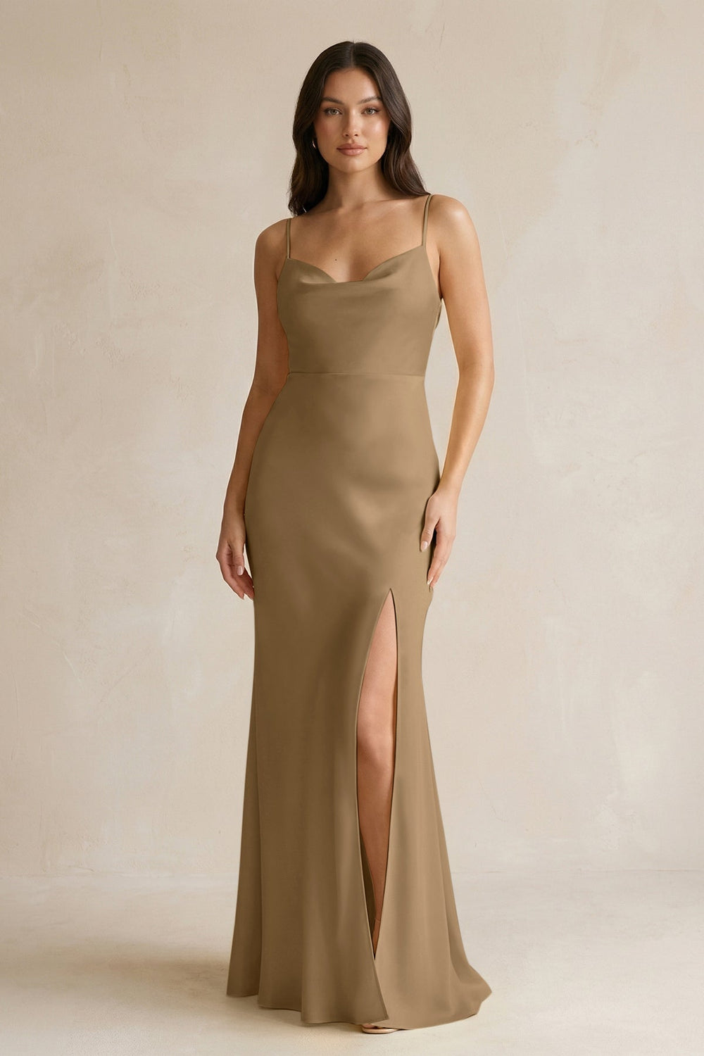 Cami Strap Sheath Satin Bridesmaid Dress With Slit in Apple Cinnamon - KissProm Bridesmaid Dresses
