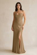 Cami Strap Sheath Satin Bridesmaid Dress With Slit in Apple Cinnamon - KissProm Bridesmaid Dresses