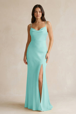 Cami Strap Sheath Satin Bridesmaid Dress With Slit in Aqua - KissProm Bridesmaid Dresses