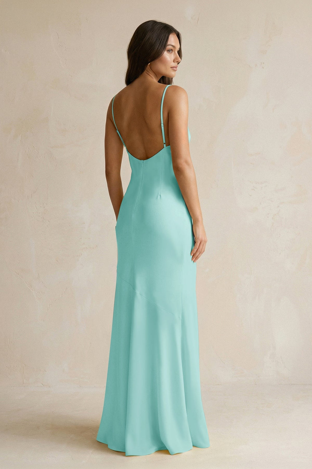 Cami Strap Sheath Satin Bridesmaid Dress With Slit in Aqua - KissProm Bridesmaid Dresses