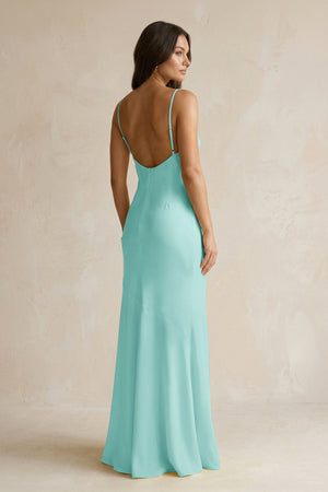 Cami Strap Sheath Satin Bridesmaid Dress With Slit in Aqua - KissProm Bridesmaid Dresses