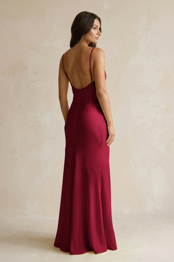 Cami Strap Sheath Satin Bridesmaid Dress With Slit in Berry - KissProm Bridesmaid Dresses