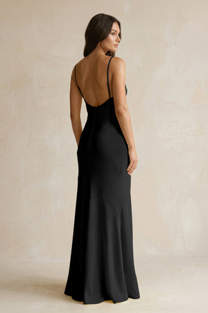 Cami Strap Sheath Satin Bridesmaid Dress With Slit in Black - KissProm Bridesmaid Dresses