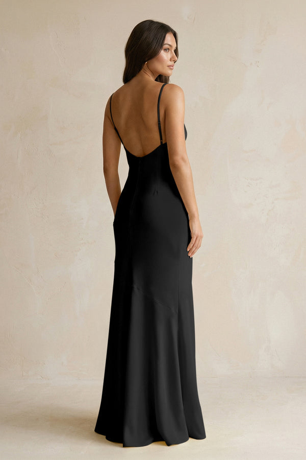 Cami Strap Sheath Satin Bridesmaid Dress With Slit in Black - KissProm Bridesmaid Dresses