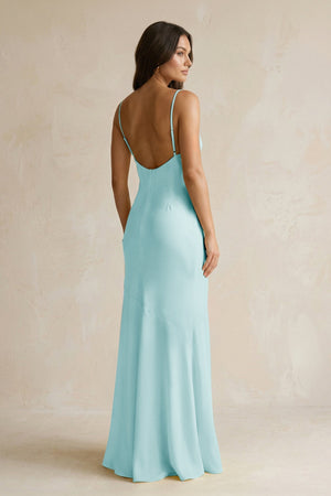 Cami Strap Sheath Satin Bridesmaid Dress With Slit in Bleached Aqua - KissProm Bridesmaid Dresses