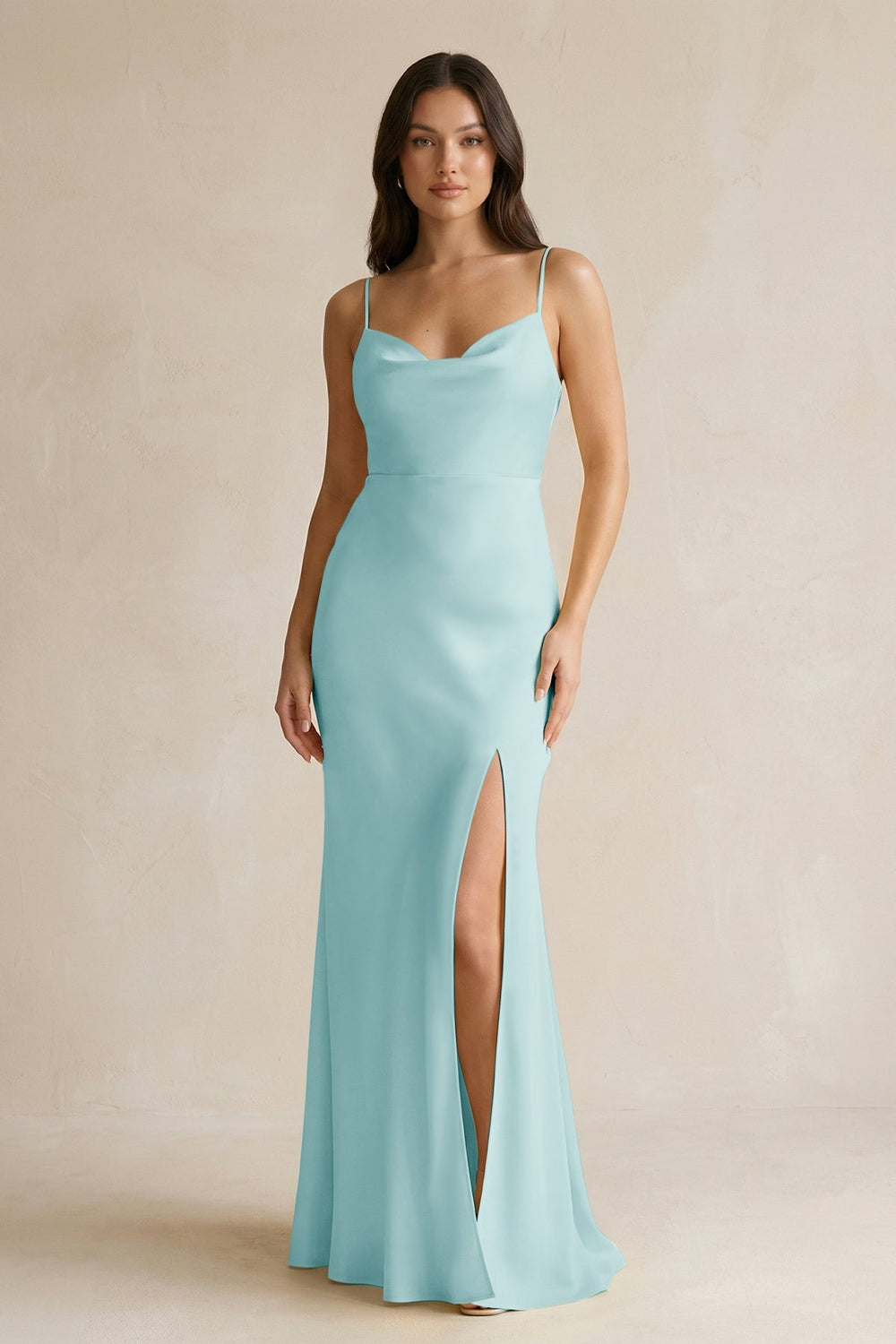Cami Strap Sheath Satin Bridesmaid Dress With Slit in Bleached Aqua - KissProm Bridesmaid Dresses