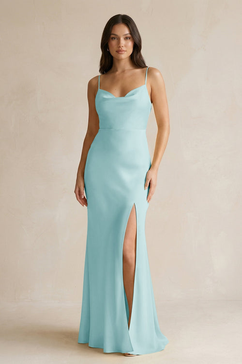 Cami Strap Sheath Satin Bridesmaid Dress With Slit in Bleached Aqua - KissProm Bridesmaid Dresses