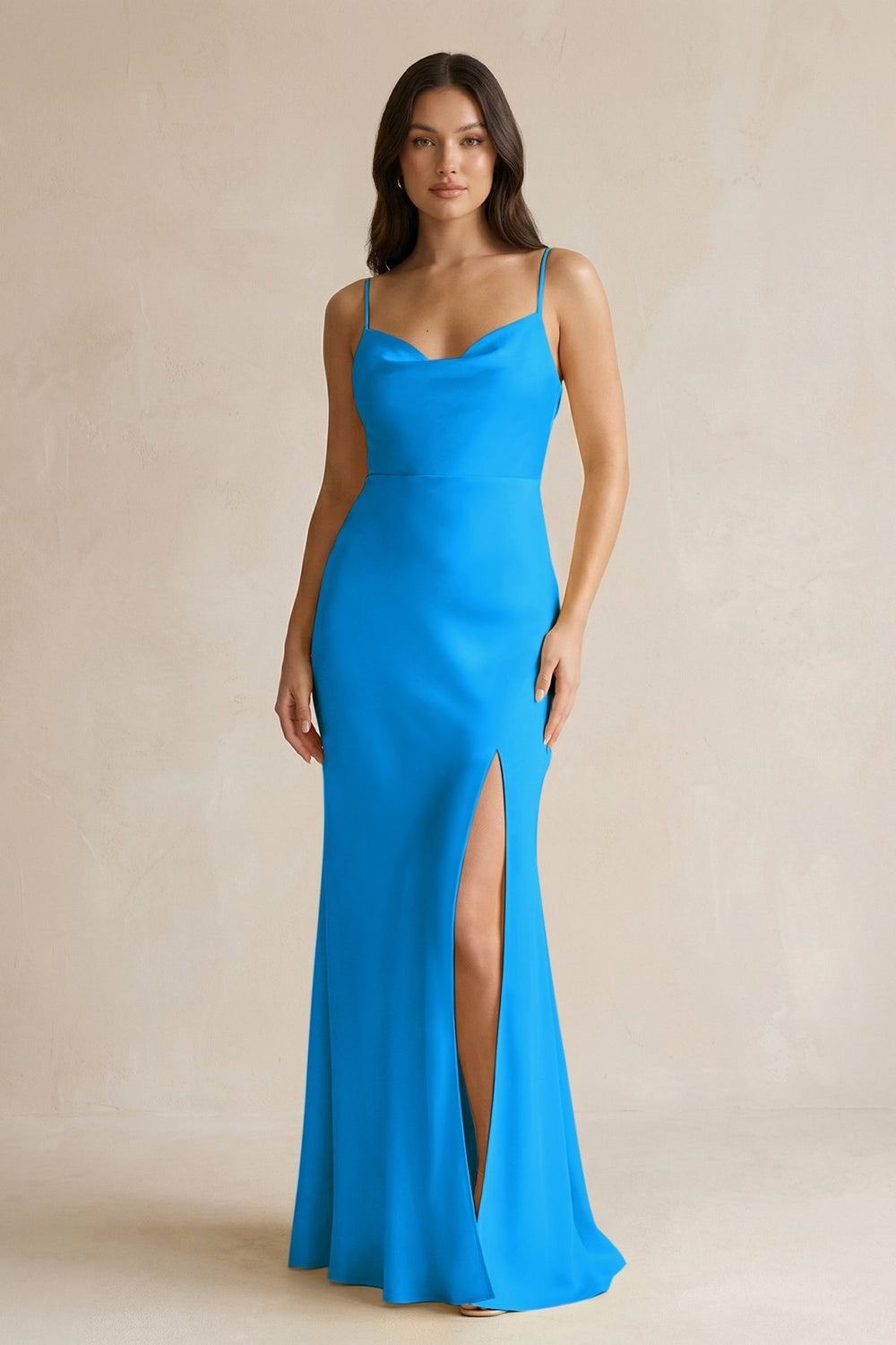 Cami Strap Sheath Satin Bridesmaid Dress With Slit in Blue Jay - KissProm Bridesmaid Dresses
