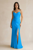 Cami Strap Sheath Satin Bridesmaid Dress With Slit in Blue Jay - KissProm Bridesmaid Dresses
