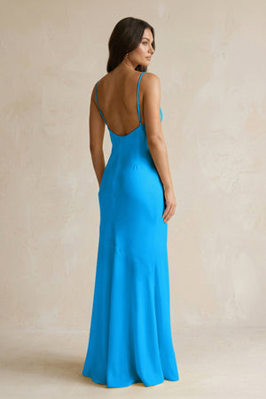 Cami Strap Sheath Satin Bridesmaid Dress With Slit in Blue Jay - KissProm Bridesmaid Dresses