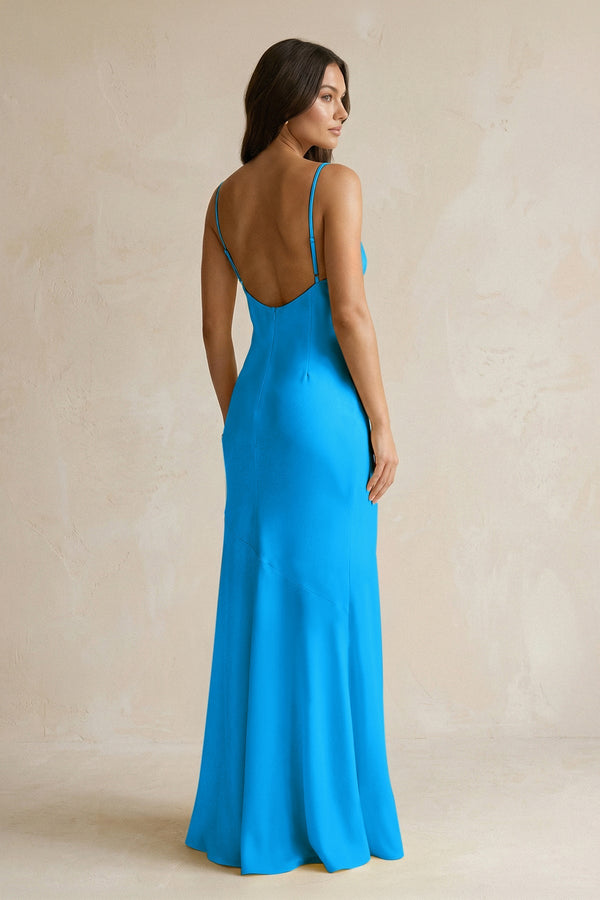 Cami Strap Sheath Satin Bridesmaid Dress With Slit in Blue Jay - KissProm Bridesmaid Dresses