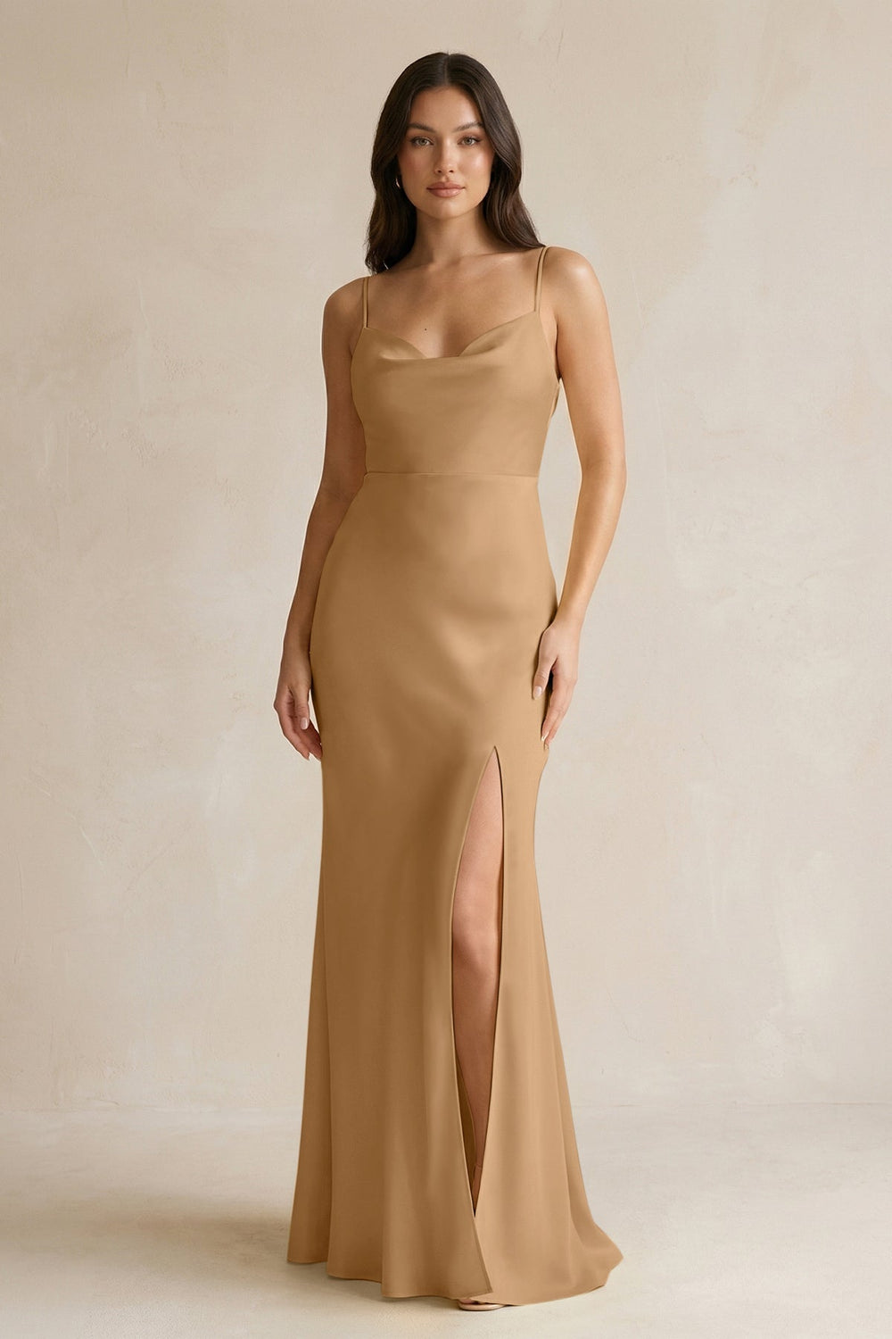 Cami Strap Sheath Satin Bridesmaid Dress With Slit in Bronzer - KissProm Bridesmaid Dresses