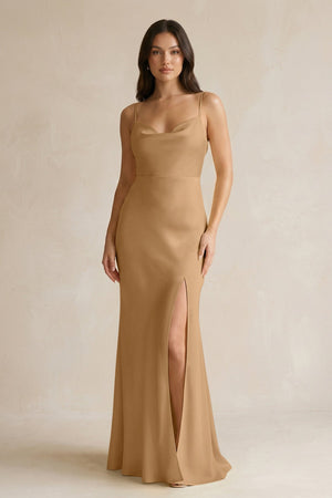 Cami Strap Sheath Satin Bridesmaid Dress With Slit in Bronzer - KissProm Bridesmaid Dresses