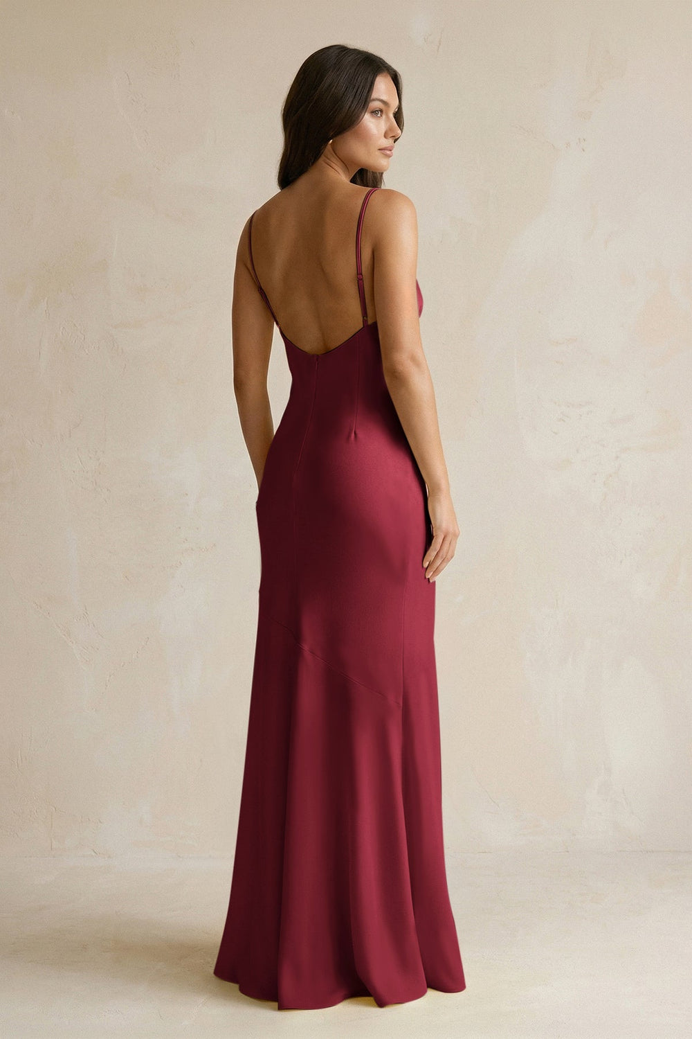 Cami Strap Sheath Satin Bridesmaid Dress With Slit in Burgundy - KissProm Bridesmaid Dresses