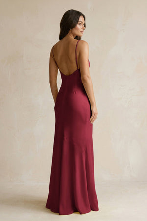 Cami Strap Sheath Satin Bridesmaid Dress With Slit in Burgundy - KissProm Bridesmaid Dresses
