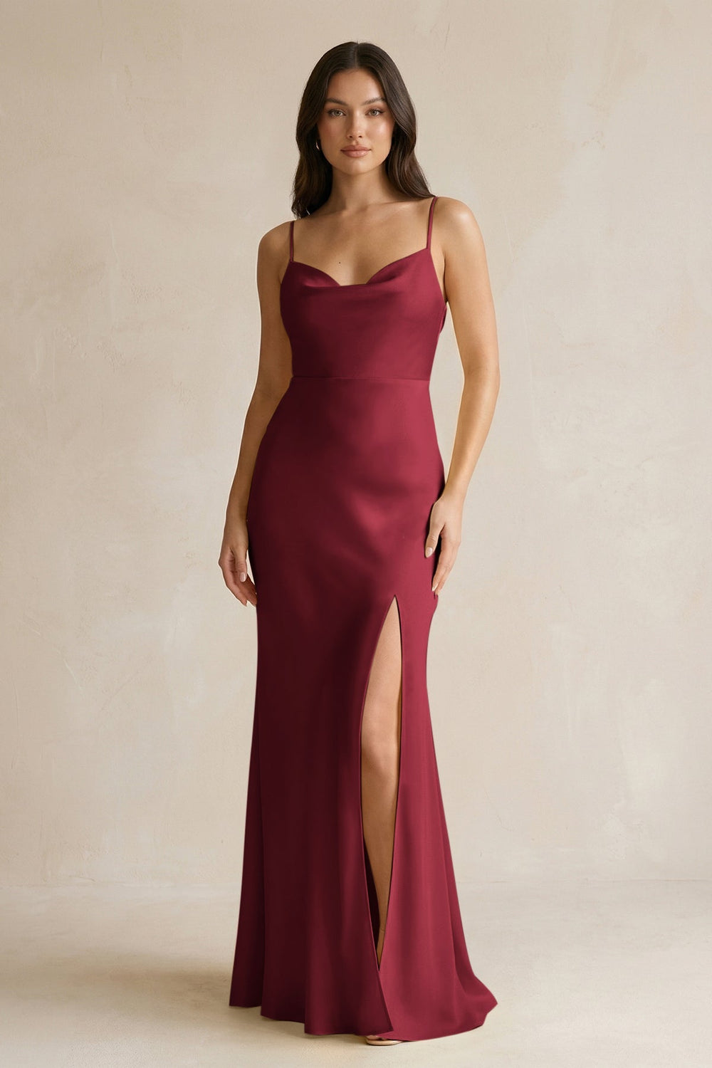 Cami Strap Sheath Satin Bridesmaid Dress With Slit in Burgundy - KissProm Bridesmaid Dresses